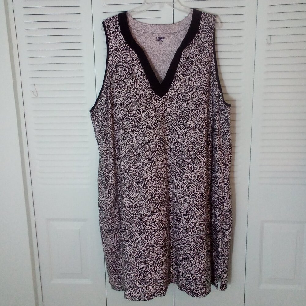 LANDS END 3X 24W-26W 100% COTTON PAISLY LEAVES V-NECK DRESS BLACK TRIM POCKETS